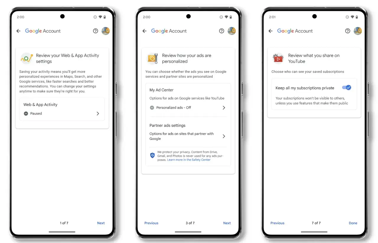 Ustawienia prywatności w android 13: przegląd aktywności, personalizacja reklam i udostępnianie subskrypcji YouTube.