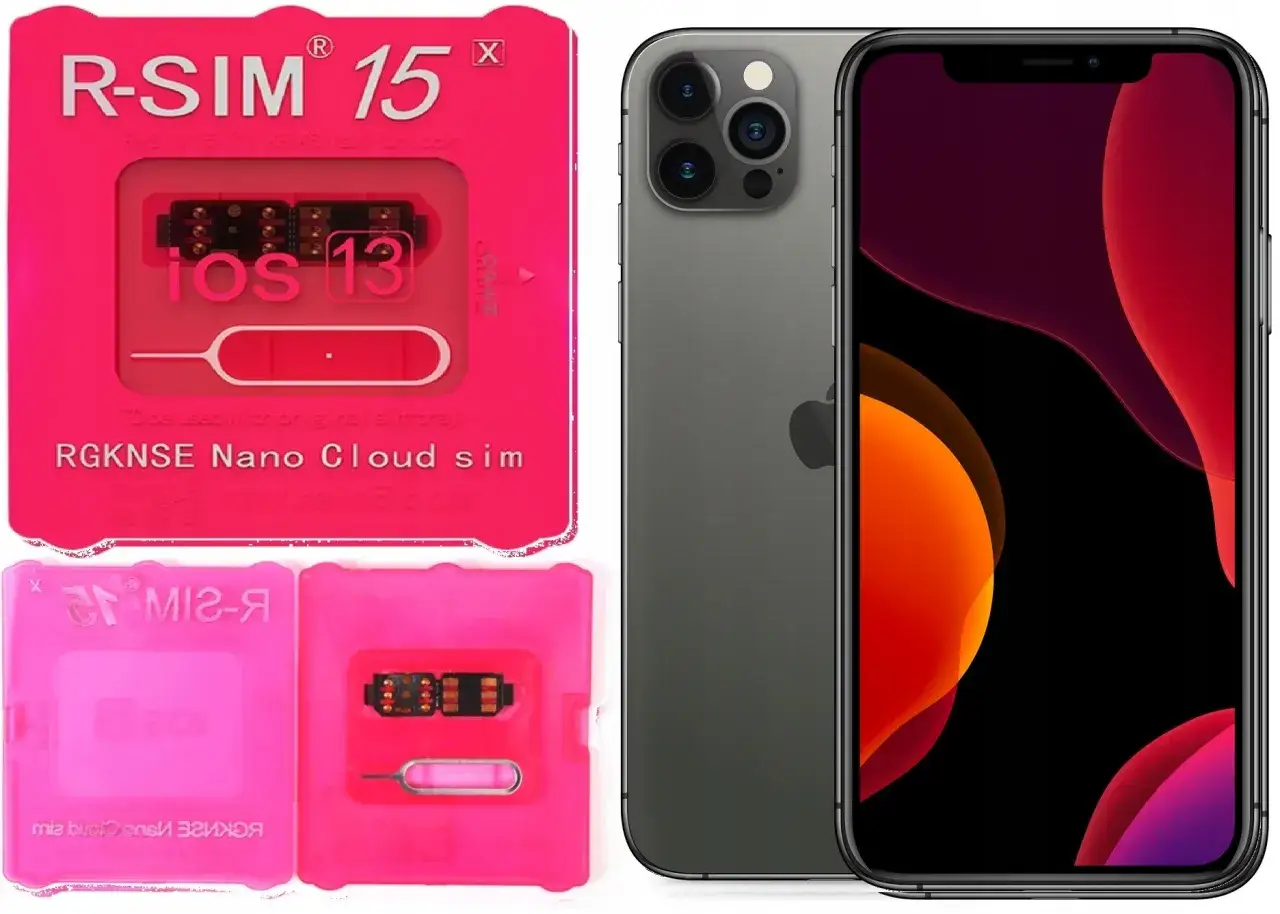 Zestaw R-SIM 15 do odblokowania telefonu zablokowanego przez operatora Plus. Zawiera adapter SIM i narzędzie do wysuwania tacki.