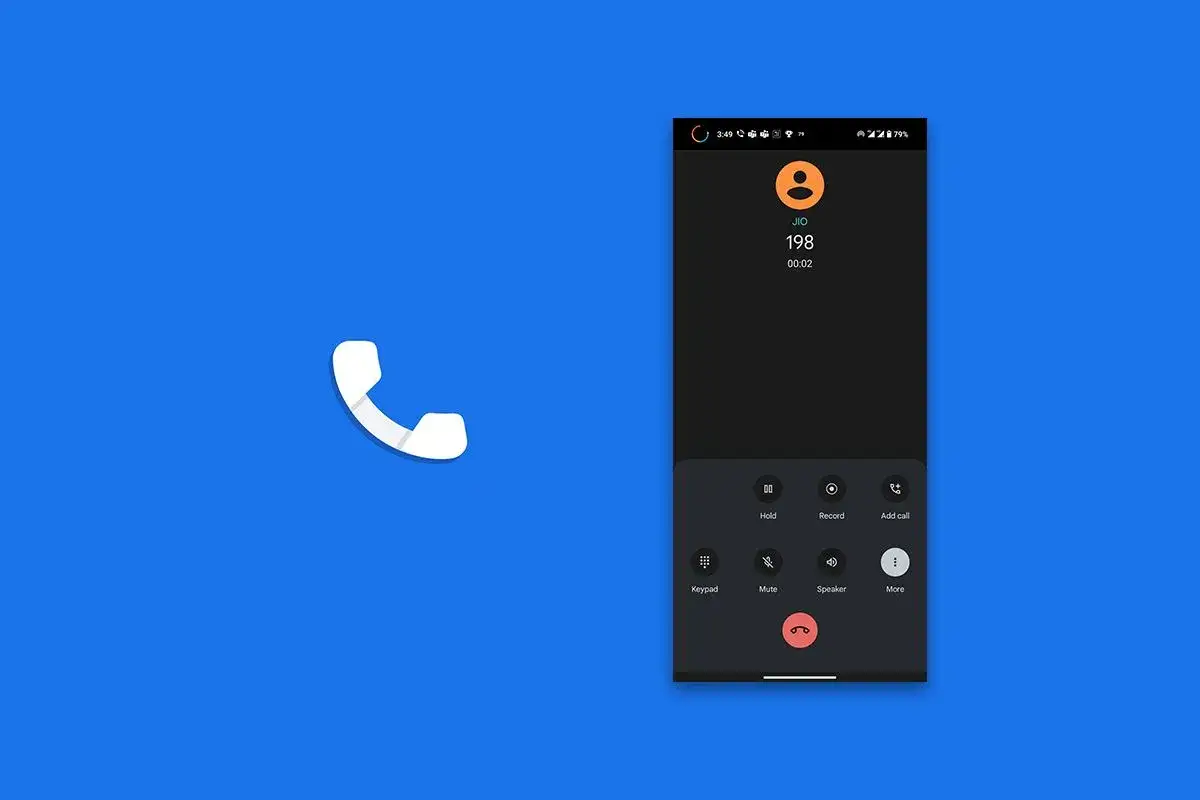 Aplikacja Telefon Google pokazuje trwające połączenie z numerem 198. Ikona słuchawki symbolizuje rozmowę.