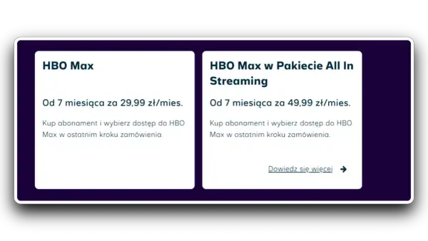 Dwie oferty HBO Max: samodzielnie za 29,99 zł/mies. lub w pakiecie All In Streaming za 49,99 zł/mies.